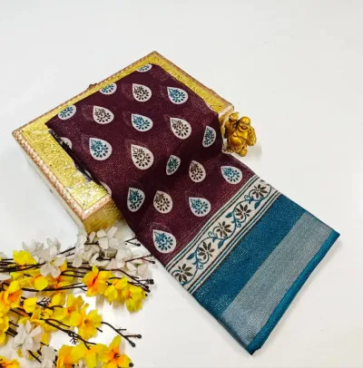 Paisley Floral Printed Linen Cotton Saree
